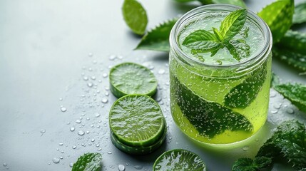Fototapeta premium Refreshing Lime Mint Drink on Gray Surface