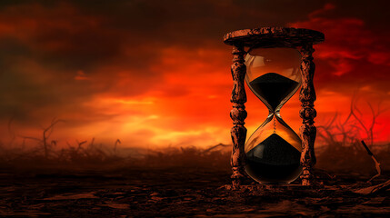 Ornate Hourglass Silhouetted Against Fiery Sunset Dramatic Sky with Eroding Time Concept