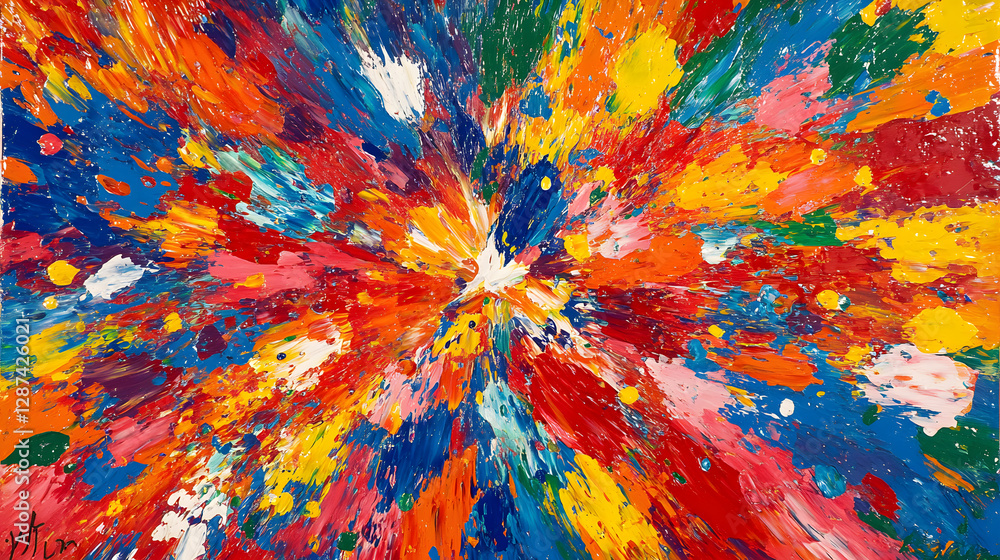Poster colorful abstract painting with vibrant shapes and patterns creating an artistic expression of creat