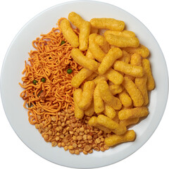 variety of crispy and spicy masala mix chips on plate isolated white background, bright golden yellow snacks of deep fried lentils with flour, nuts and rice puffs, taken from above