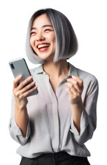 PNG Asian woman using a phone happy portrait smile.