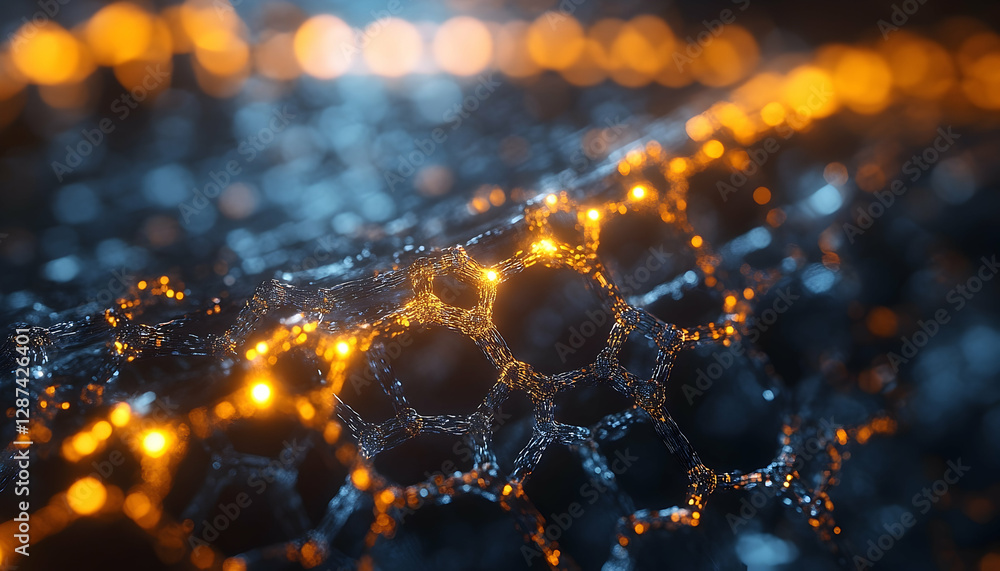 Poster illuminated nanotechnology network structure with golden light