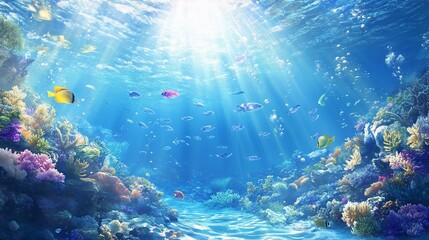 Fototapeta premium Sunlit Coral Reef, Ocean Fish, Underwater Scene