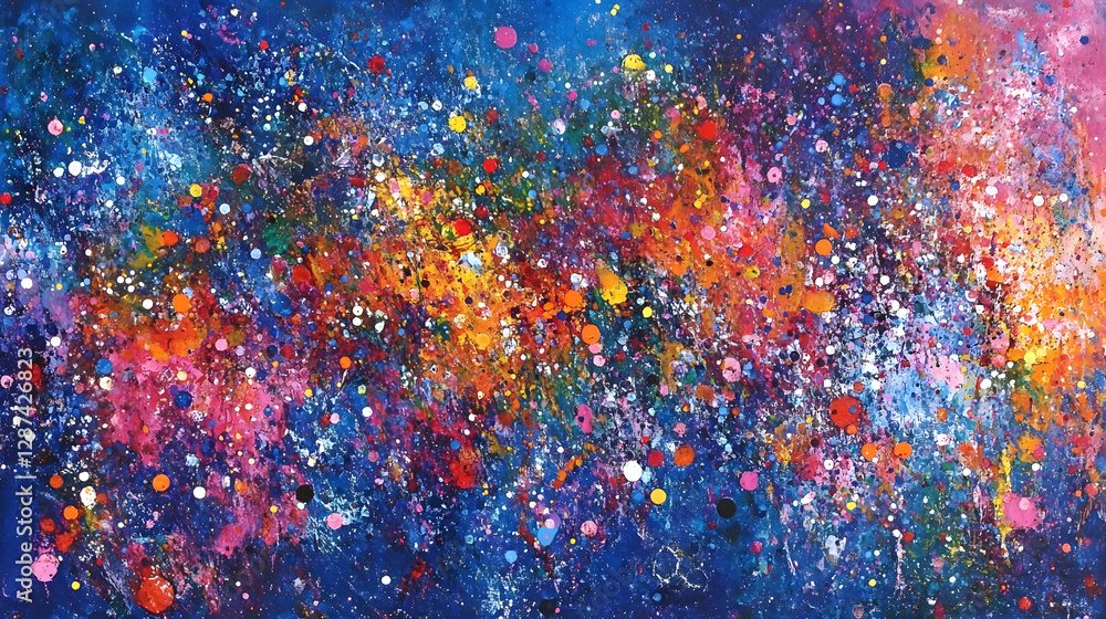 Poster abstract painting featuring a blue background with colorful paint splats and drips in various sizes 