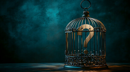 Ornate Metal Cage Enclosing A Large Question Mark Against A Moody Blue Background Symbolic Of Enigma And Uncertainty