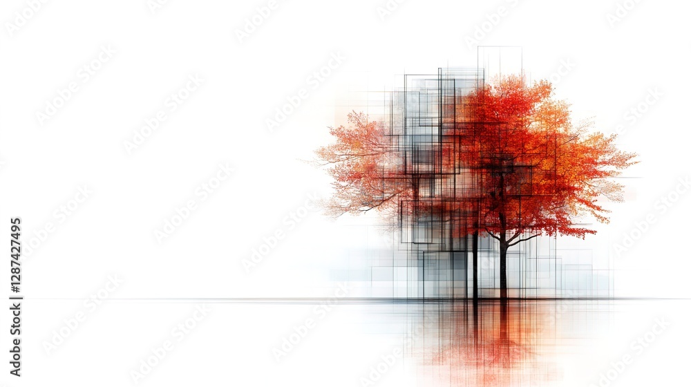 Poster abstract autumn tree with red leaves and geometric background elements