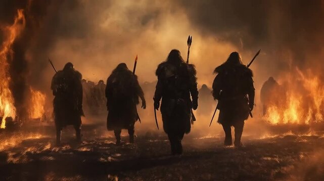 The Viking war raged fiercely, with warriors clashing swords and shields under the stormy sky.