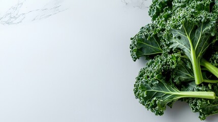 Fresh kale leaves on marble surface, healthy food background, recipe blog