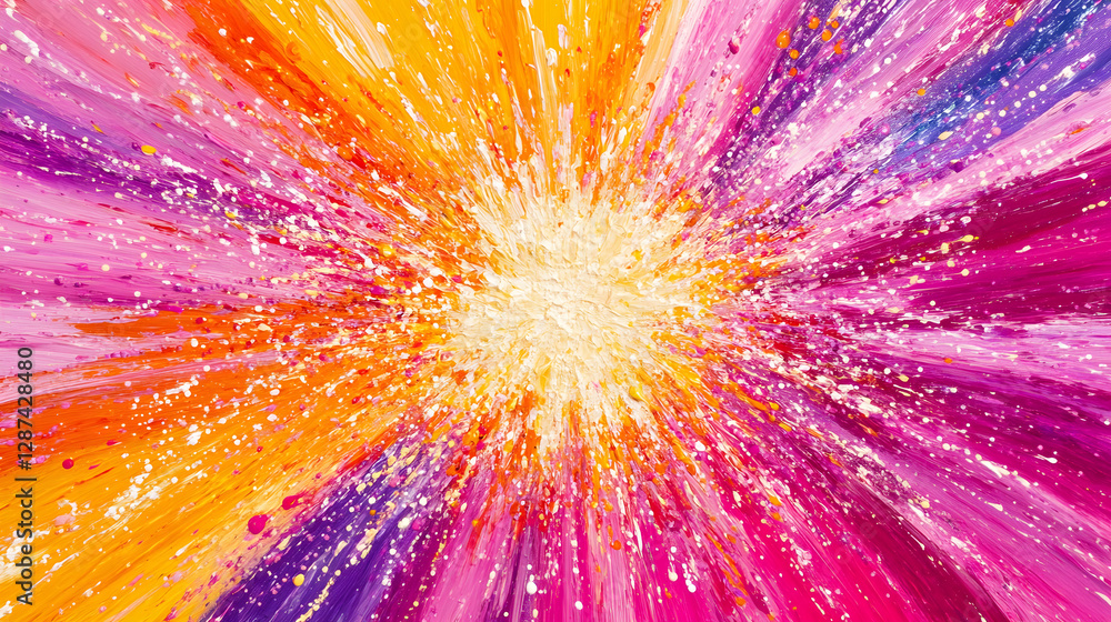 Poster bright explosion of colorful paint and splatters on a white background creating an abstract artistic