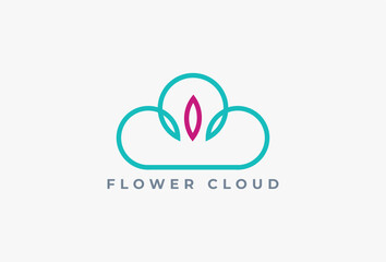 Obraz premium Flower Cloud Logo. Minimal Outline Style Logotype Concept. Creative Symbol Usable for Brand, Company, Business, Corporate Related with Technology, Modern, Smart, Service, Internet, Network, Storage.