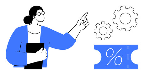 Professional woman with document gestures towards gears and percentage symbol. Ideal for business strategy, efficiency, planning, process optimization, productivity, financial growth. Abstract line