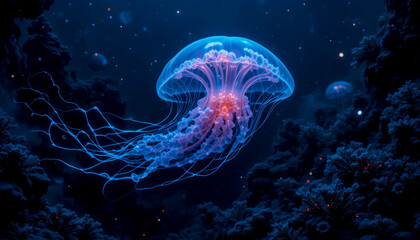 Naklejka premium Glowing jellyfish floating in deep ocean with bioluminescent light, underwater marine life scene, dark blue aquatic background, digital illustration