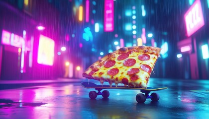 Skateboarding Pizza Slice in a Neon City - Perfect for creative projects, branding, posters, and content related to fast food, street culture, and quirky cartoon designs