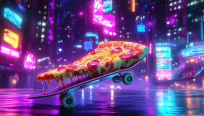 Skateboarding Pizza Slice in a Neon City - Perfect for creative projects, branding, posters, and content related to fast food, street culture, and quirky cartoon designs