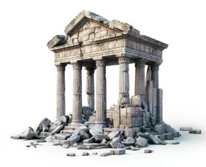 3D illustration of an ancient Roman temple, broken and fallen over on the ground, isolated against a white background