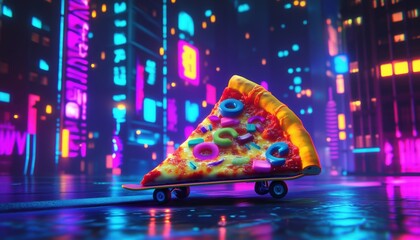 Skateboarding Pizza Slice in a Neon City - Perfect for creative projects, branding, posters, and content related to fast food, street culture, and quirky cartoon designs