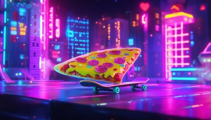 Skateboarding Pizza Slice in a Neon City - Perfect for creative projects, branding, posters, and content related to fast food, street culture, and quirky cartoon designs