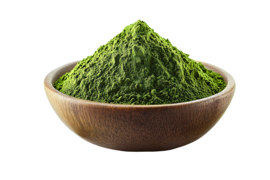 Instant matcha green tea powder in a wooden bowl, isolated on a transparent background. PNG file - Powered by Adobe