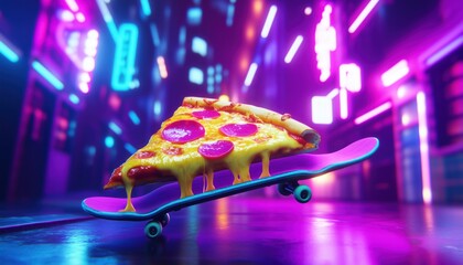 Skateboarding Pizza Slice in a Neon City - Perfect for creative projects, branding, posters, and content related to fast food, street culture, and quirky cartoon designs