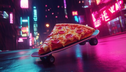 Skateboarding Pizza Slice in a Neon City - Perfect for creative projects, branding, posters, and content related to fast food, street culture, and quirky cartoon designs