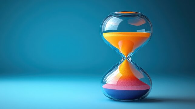 Hourglass with colorful sand on a blue background
