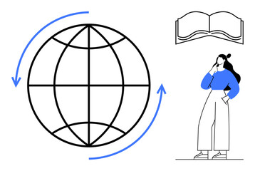 Woman contemplating near a globe surrounded by arrows and open book. Ideal for global education, knowledge sharing, learning concepts, personal growth, research, innovation, international