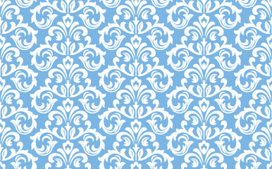 Wallpaper in the style of Baroque. White and blue floral ornament. Seamless vector background. Graphic pattern for fabric, wallpaper, packaging. Ornate Damask flower illustration