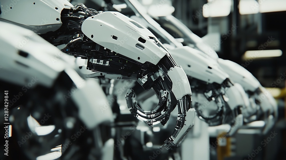 Poster robotic arms in a row future technology and automation concept