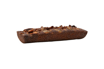Piece of chocolate cake with nuts on a white background. Isolated