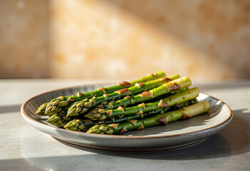 Grilled asparagus on a light plate. Suitable for healthy food blogs, recipe websites, culinary articles, restaurant menus, and cooking presentations.