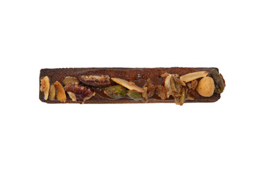 Piece of chocolate cake with nuts on a white background. Isolated