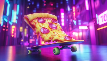 Skateboarding Pizza Slice in a Neon City - Perfect for creative projects, branding, posters, and content related to fast food, street culture, and quirky cartoon designs