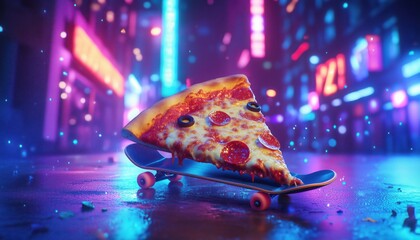 Skateboarding Pizza Slice in a Neon City - Perfect for creative projects, branding, posters, and content related to fast food, street culture, and quirky cartoon designs