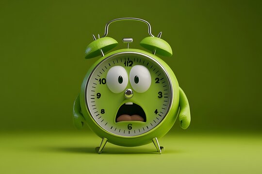 Scared green alarm clock studio shot - Powered by Adobe