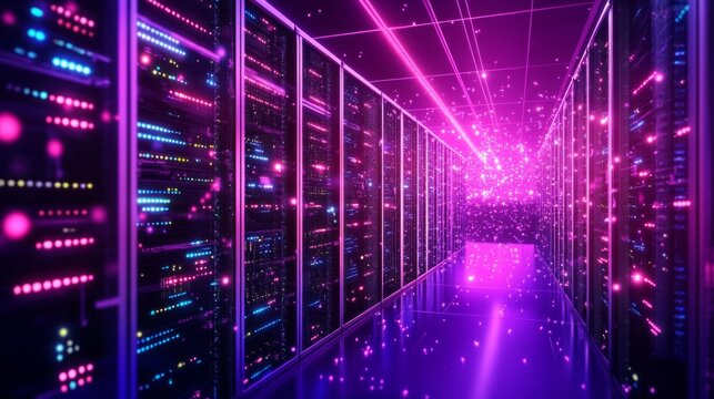 Neon technology background with purple, violet, and blue digital circuit board design featuring integrated network connections and 3d illustration of a pcb server processing code for high-tech and cyb