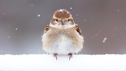 Puffy Sparrow in Winter Snow