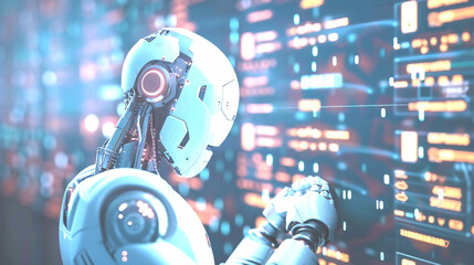 DJ mixing music with a futuristic digital setup featuring a DJ mixer headphones and a high-tech interface