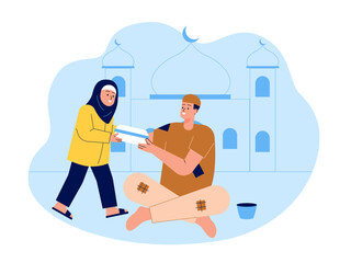 Little muslim girl giving arm to poor Illustration. Moslem illustration. Flat vector illustration concept