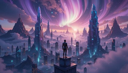 Futuristic cityscape fantasy realm digital art ethereal environment elevated viewpoint
