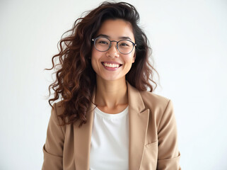Obraz premium The young woman in the photo wears a warm smile and displays a friendly and approachable demeanor. She has natural brown curly hair that falls softly over her shoulders, and wears a 