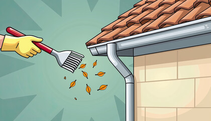 Raking leaves from house gutter for autumn maintenance and DIY visuals