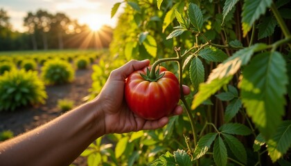 Hand picking a ripe tomato in a sunlit garden for local farming promotion
