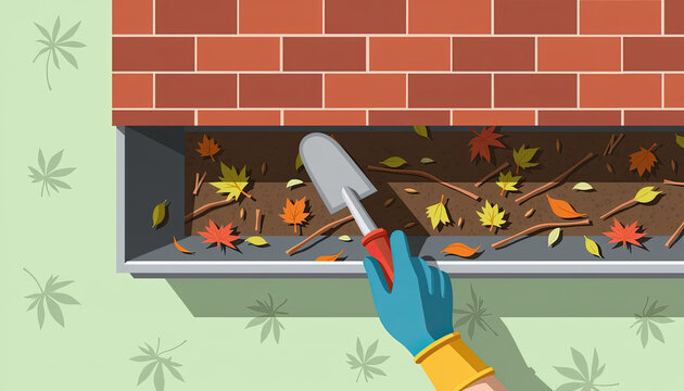 Removing leaves from brick house gutter for autumn maintenance and tutorials