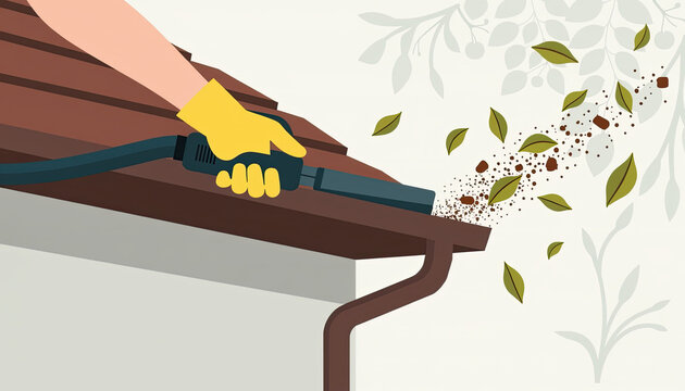 Gutter cleaning with brush tool for autumn home care and DIY websites