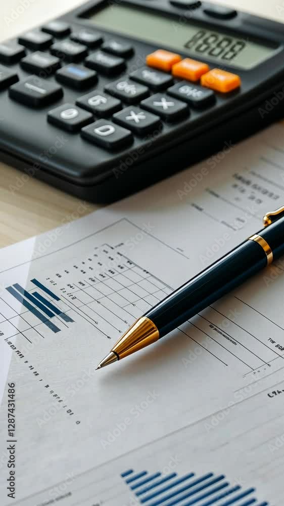 Aufkleber financial analysis report with calculator and pen on wooden desk with graphs and charts in soft ligh