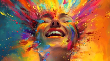 Joyful Expression with Vibrant Colors and Dynamic Splashes of Paint Around Smiling Woman