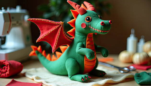 Green fabric dragon with red accents, St. George's Day craft for blogs, websites, and toy design inspiration.