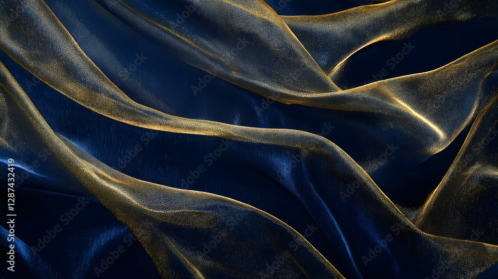 Poster close up image of blue and gold fabric textiles with intricate patterns and texture