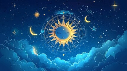 Smiling Celestial Sun Among Stars And Clouds