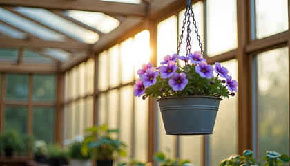 Fototapeta premium Purple petunias in a grey hanging planter, inside a greenhouse. For blogs about gardening, floriculture, and landscaping. Also suitable for websites about home decor and plant care.